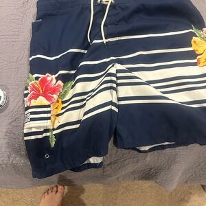Navy Floral Striped Swim Shorts